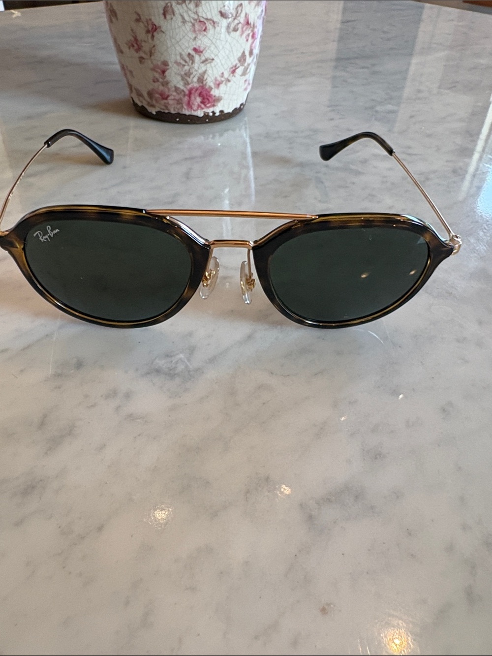 Ray-Ban Tortoise Frame Gold Bridge Sunglasses with Green Lenses